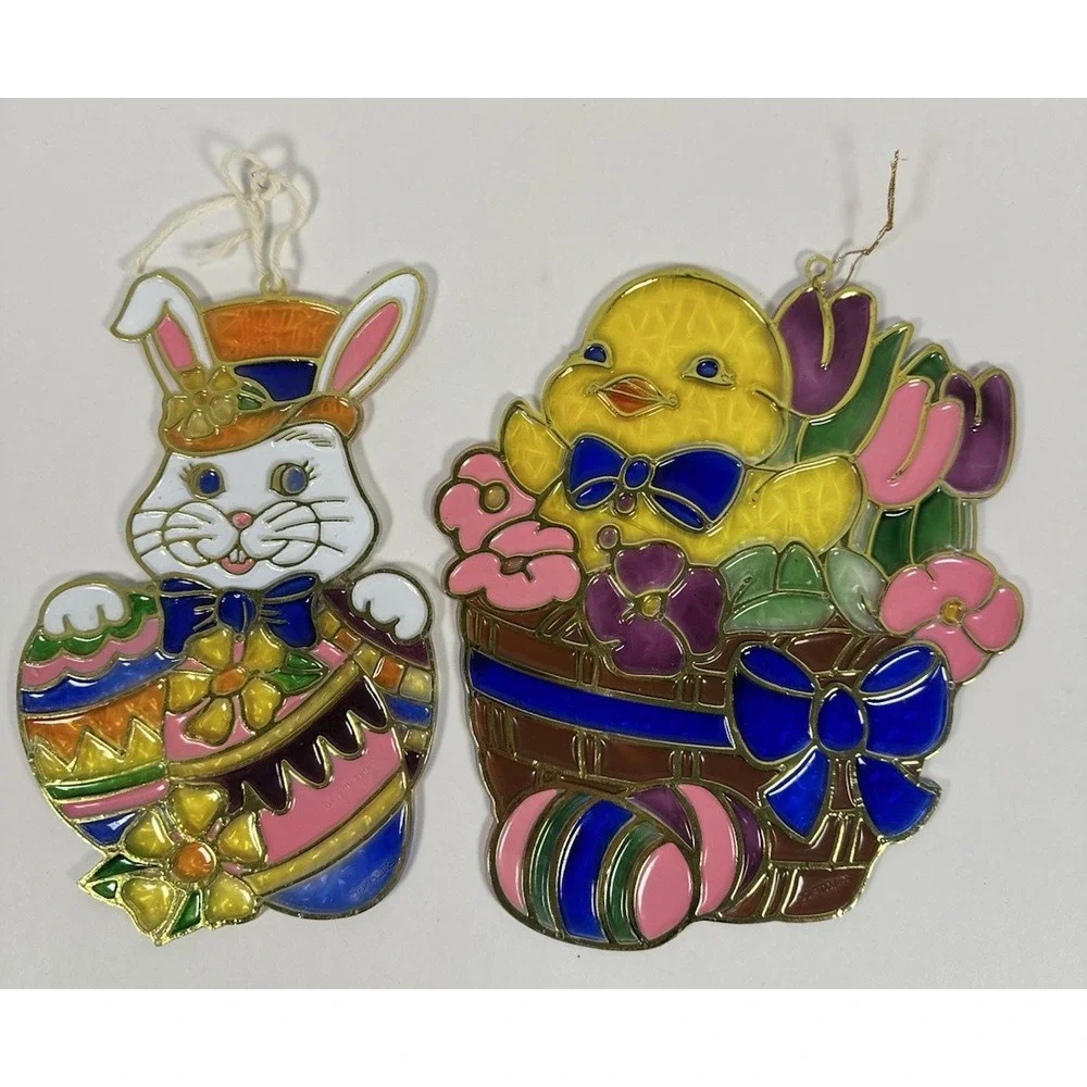 VTG 1980's Easter Window Decoration Crystalline Plastic Stained Glass Look Bunny